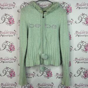 Bebe angora rabbit fur sweater hoodie Light Green Ribbed Sweater with Pom-Poms